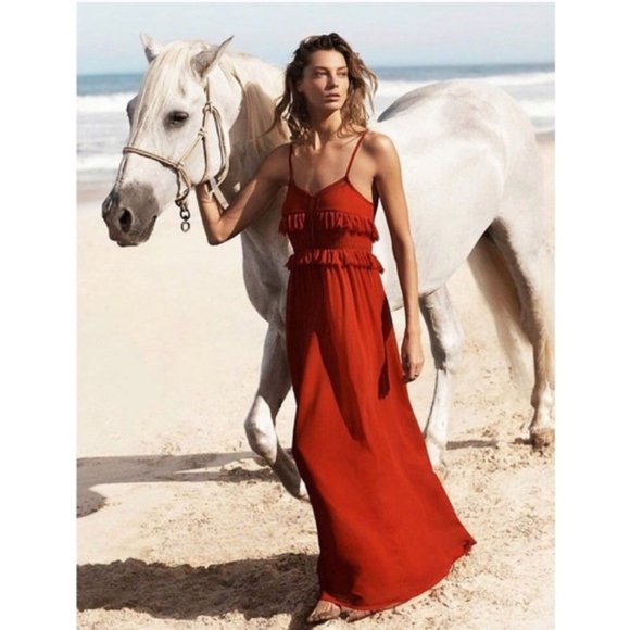 Mango Dresses & Skirts - MNG Mango Suit Red Ruffle Crochet Maxi Dress Sz 4